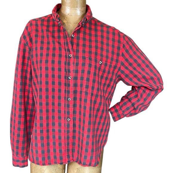 VTG 80s Model Cheryl Tiegs Cotton Flannel Plaid Button Down Shirt Missy 14 #5J - Picture 2 of 8
